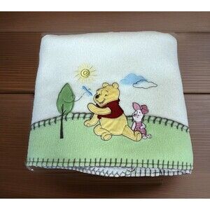 Disney Winnie the Pooh and Piglet Cream & Green Fleece Baby Blanket 30" x 40"